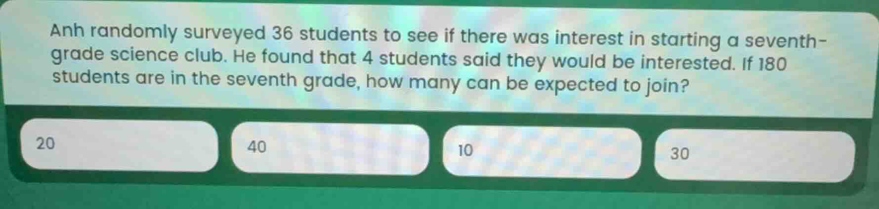 anh randomly surveyed 36 students to see if there was interest in start…