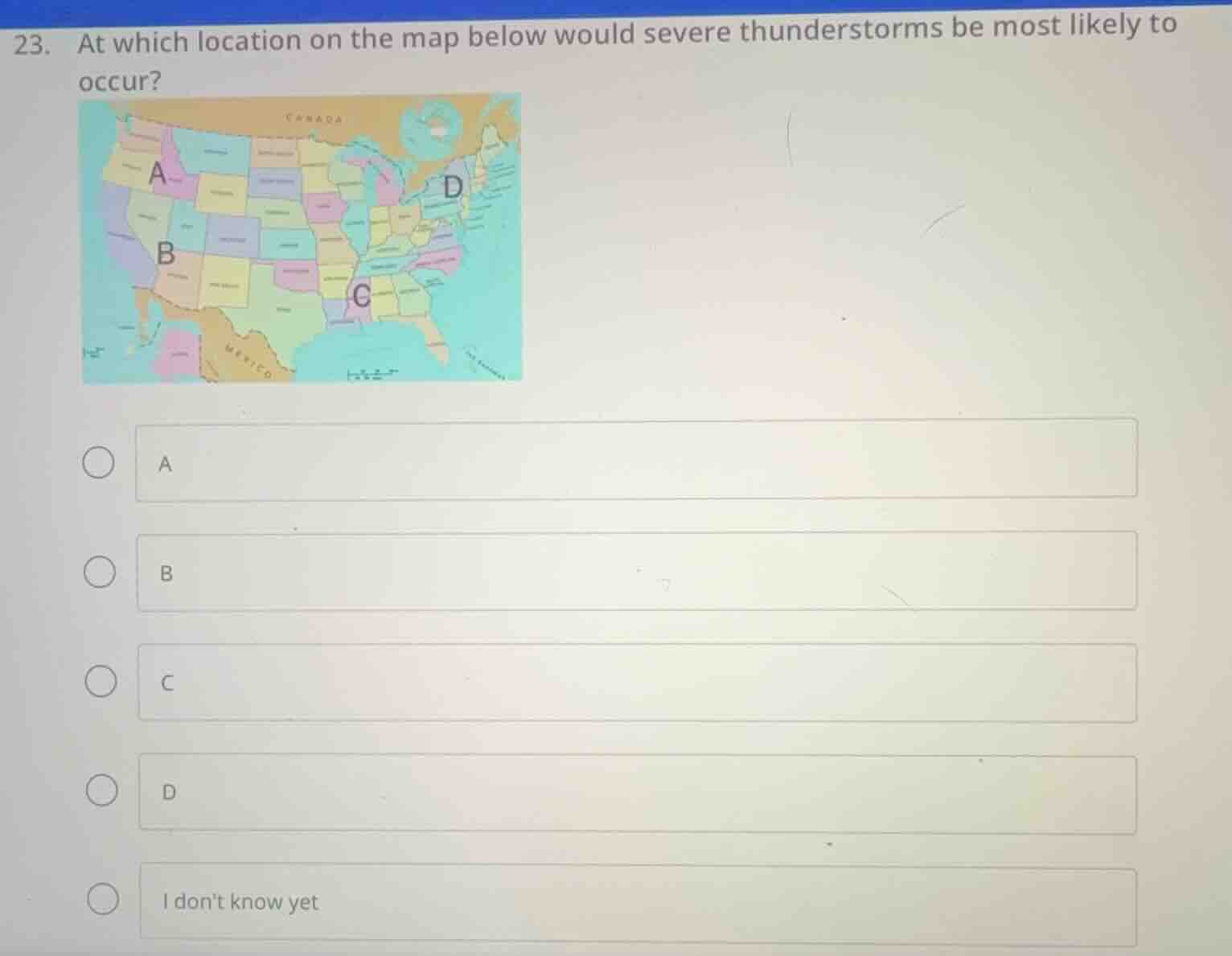 23. at which location on the map below would severe thunderstorms be mo…