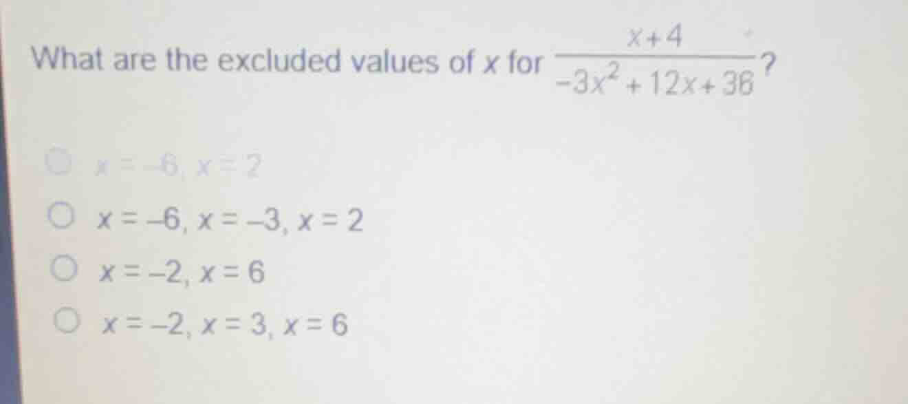 what are the excluded values of x for \\(\\frac{x + 4}{-3x^2 + 12x + 36…