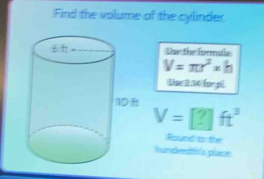 find the volume of the cylinder. use the formula: v = \\pi r^2 \\times …