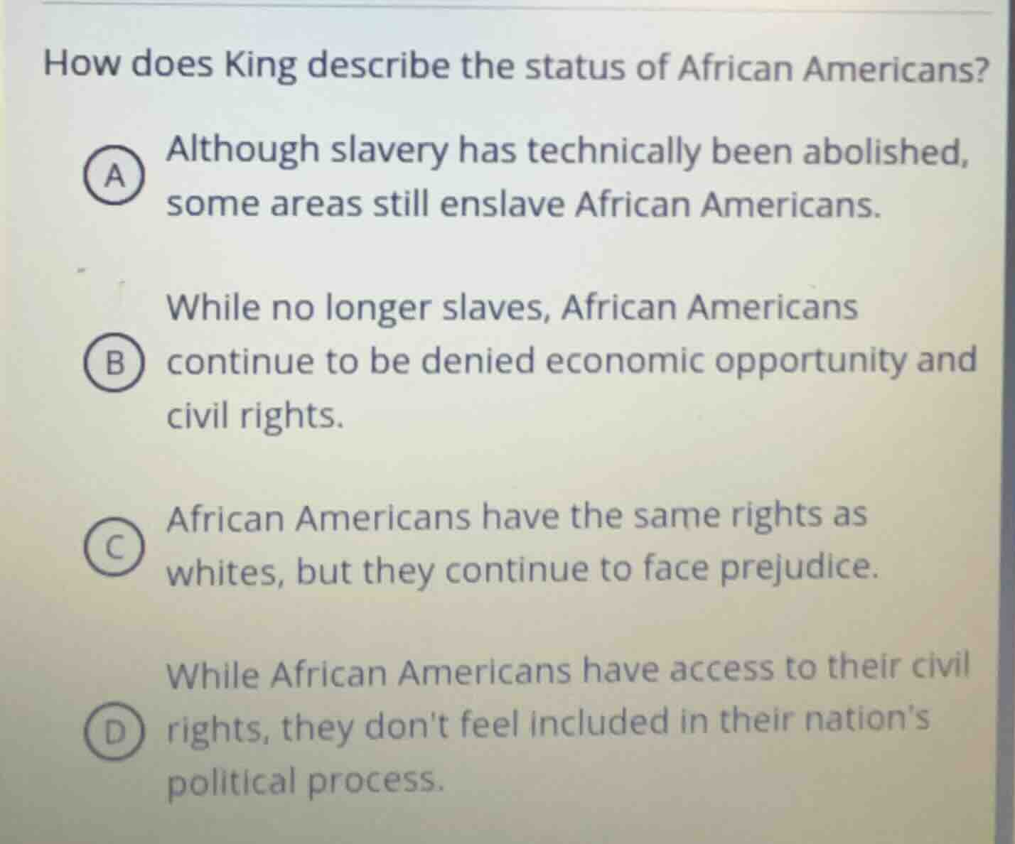 how does king describe the status of african americans? a although slav…