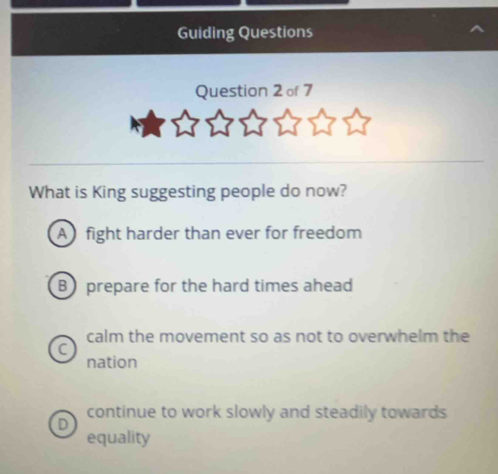 guiding questions question 2 of 7 what is king suggesting people do now…
