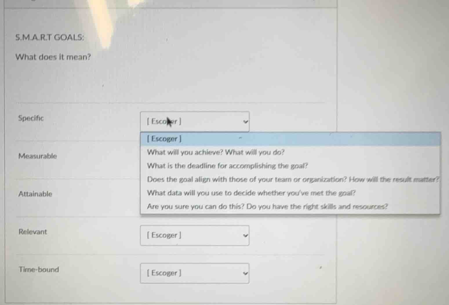 s.m.a.r.t goals: what does it mean? specific escoger dropdown with opti…