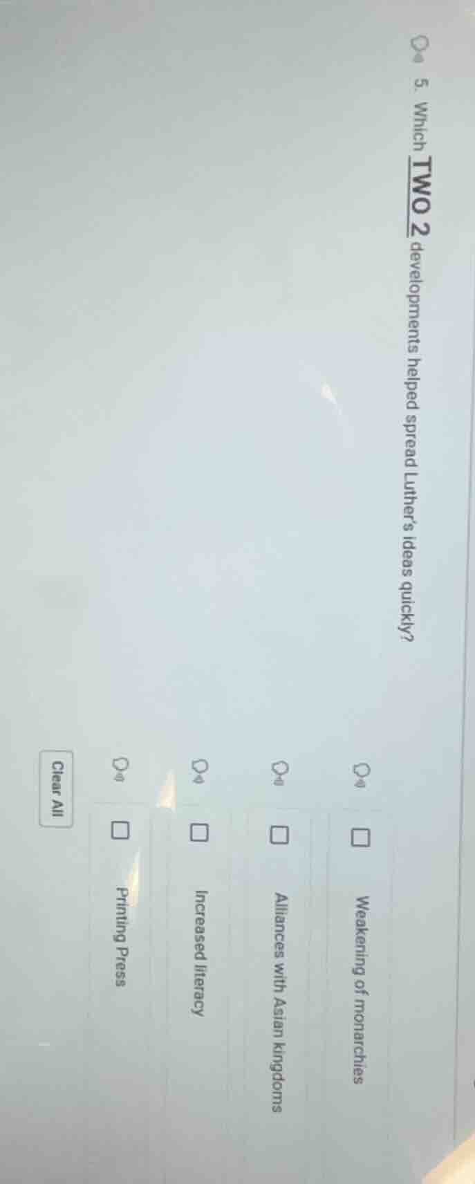 5. which two 2 developments helped spread luthers ideas quickly? weaken…
