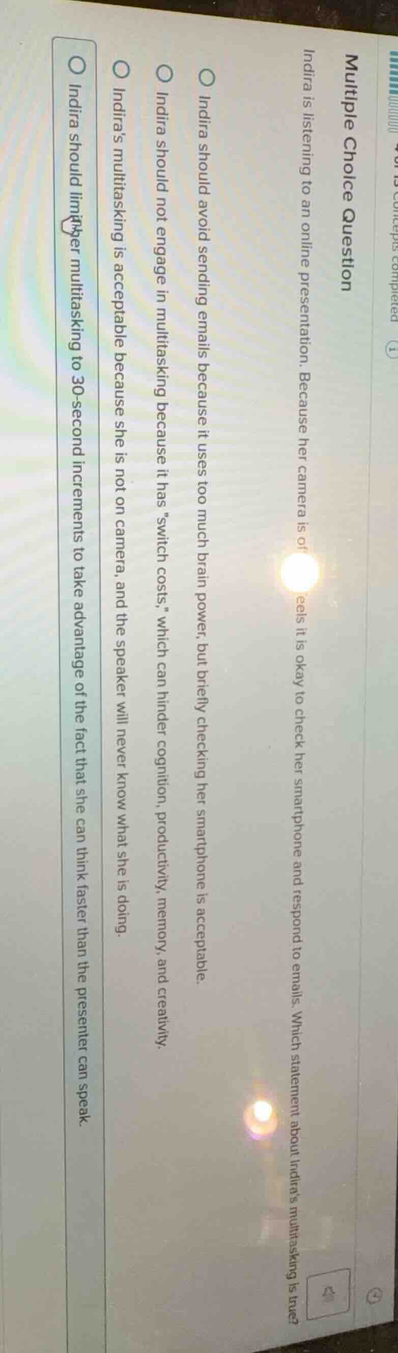 multiple choice question indira is listening to an online presentation.…