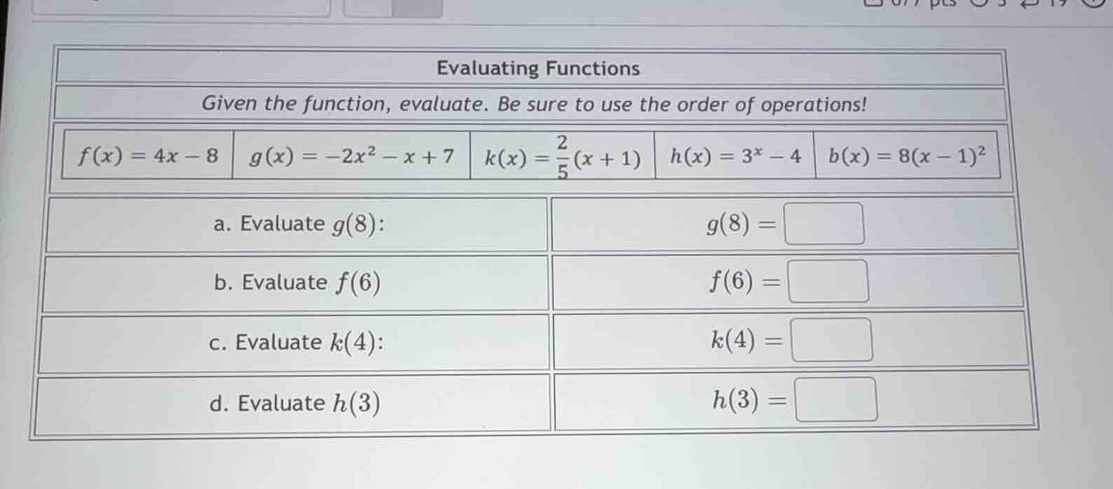 evaluating functions given the function, evaluate. be sure to use the o…