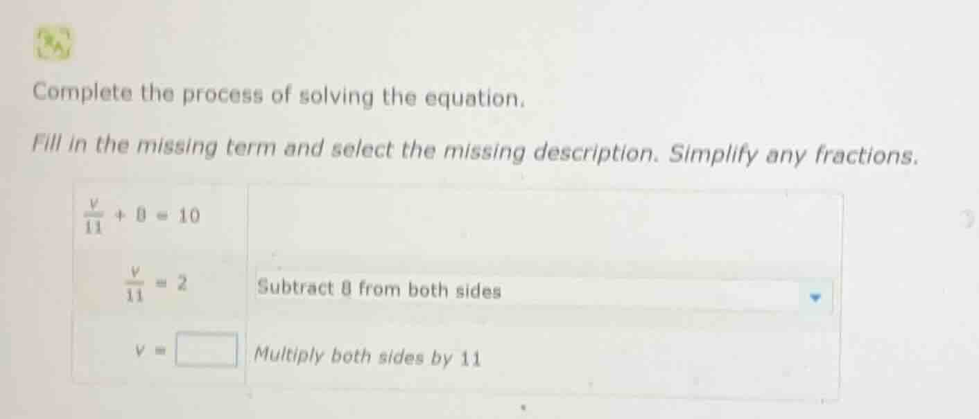 complete the process of solving the equation. fill in the missing term …