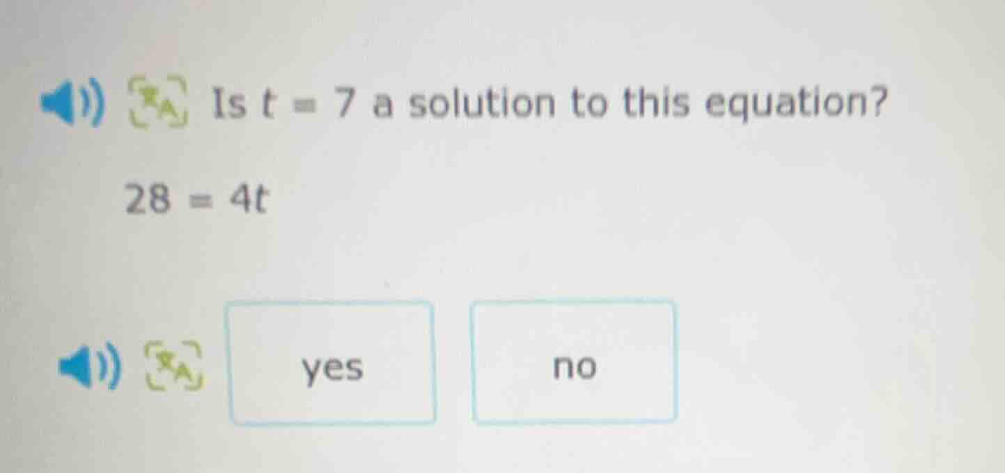 is t = 7 a solution to this equation? 28 = 4t