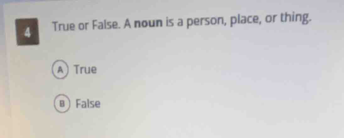 4 true or false. a noun is a person, place, or thing. a true b false