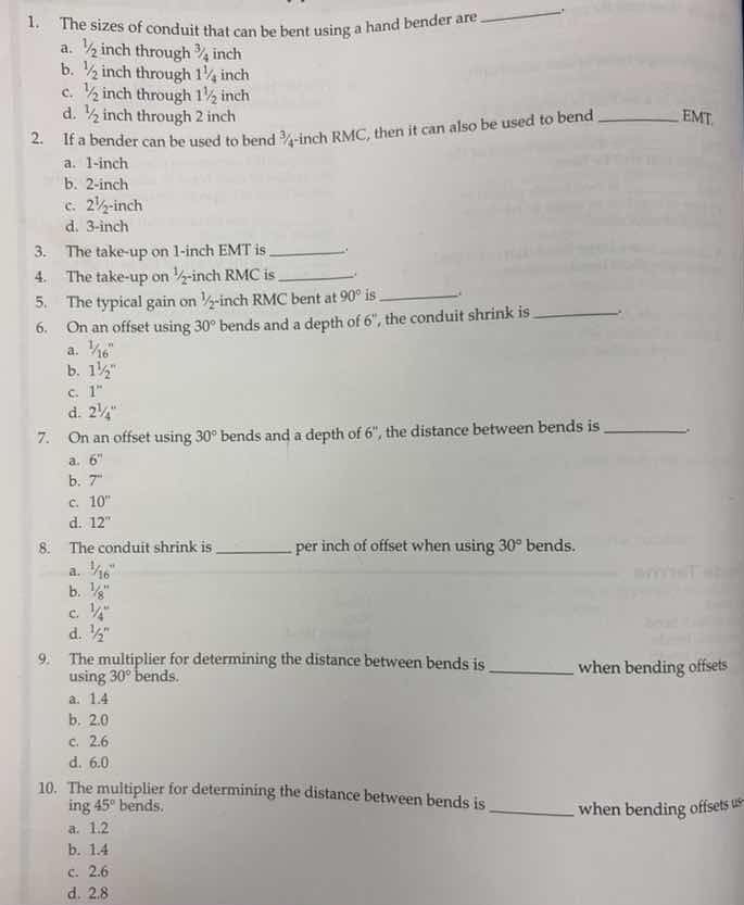 1. the sizes of conduit that can be bent using a hand bender are ______…