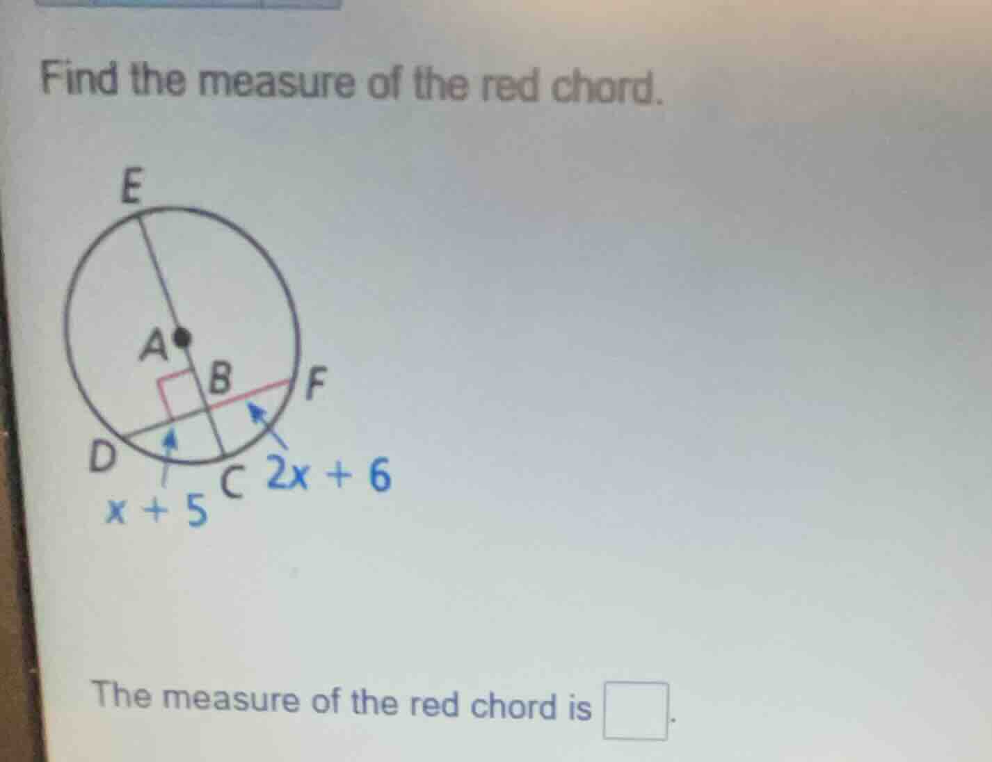 find the measure of the red chord. the measure of the red chord is \\bo…