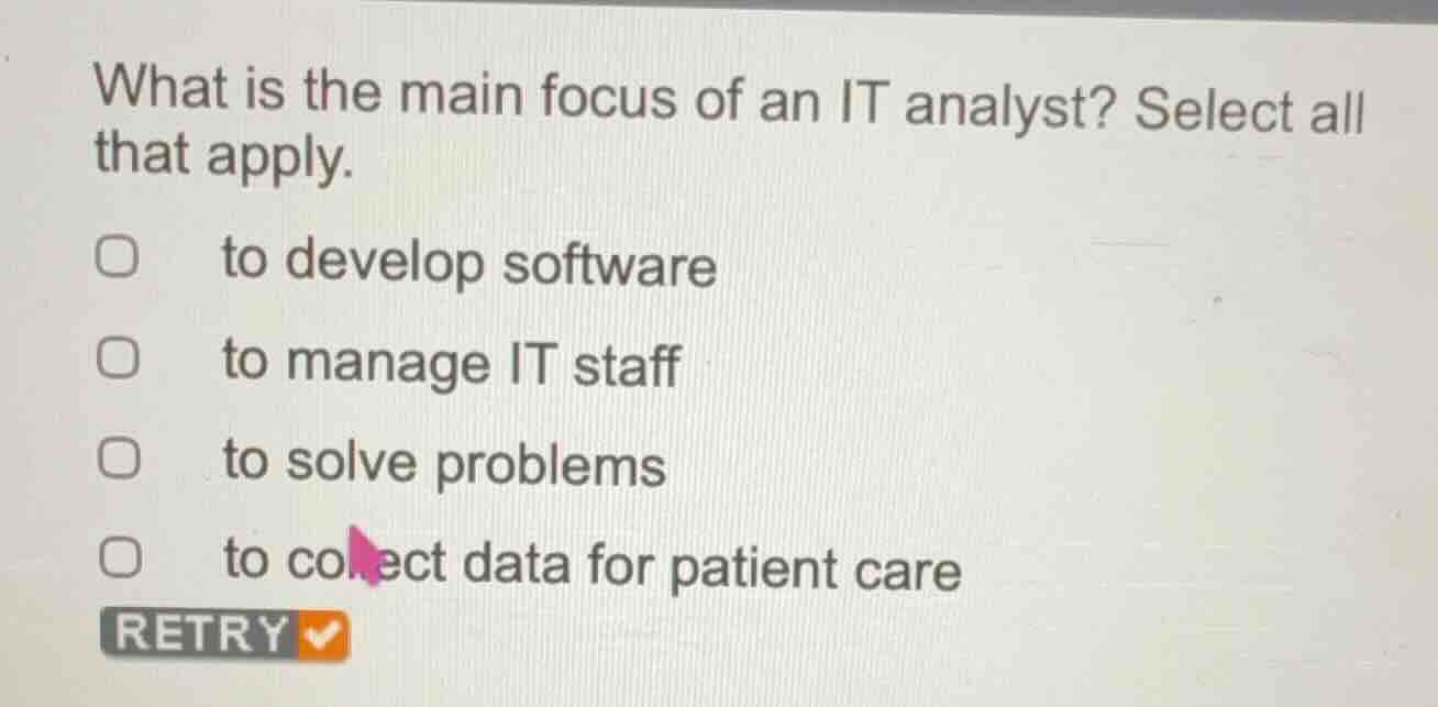what is the main focus of an it analyst? select all that apply. to deve…