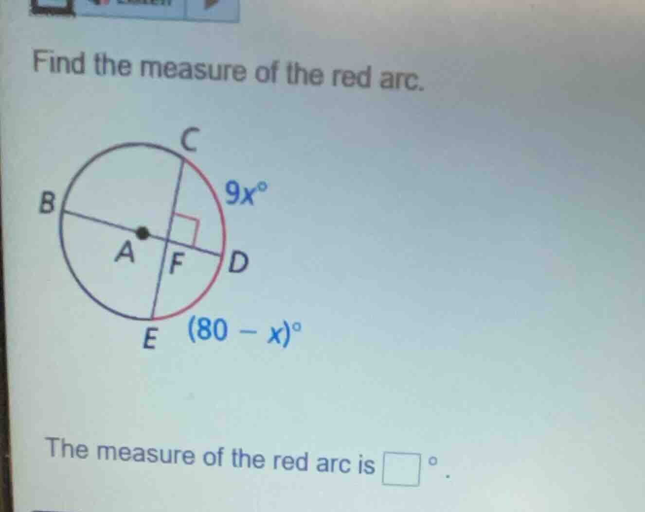 find the measure of the red arc. the measure of the red arc is \\(\\squ…