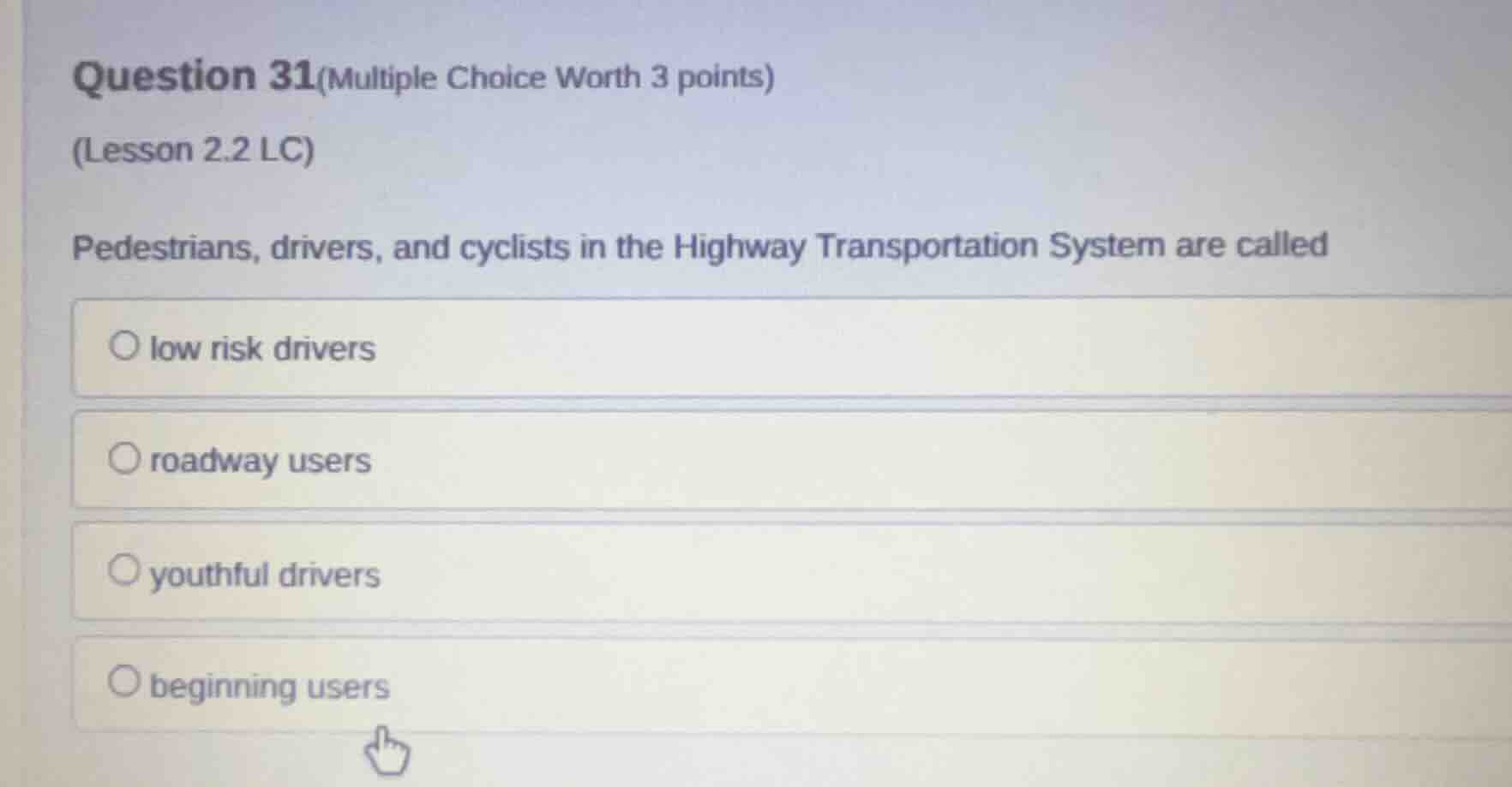 question 31(multiple choice worth 3 points) (lesson 2.2 lc) pedestrians…