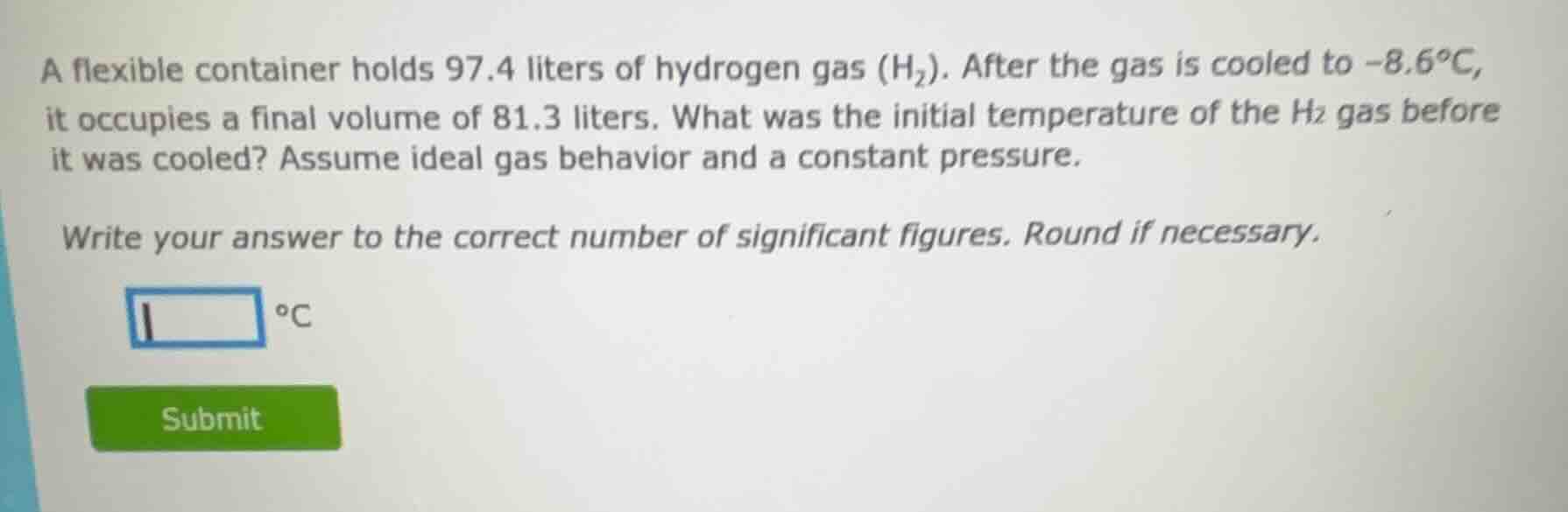 a flexible container holds 97.4 liters of hydrogen gas (h₂). after the …