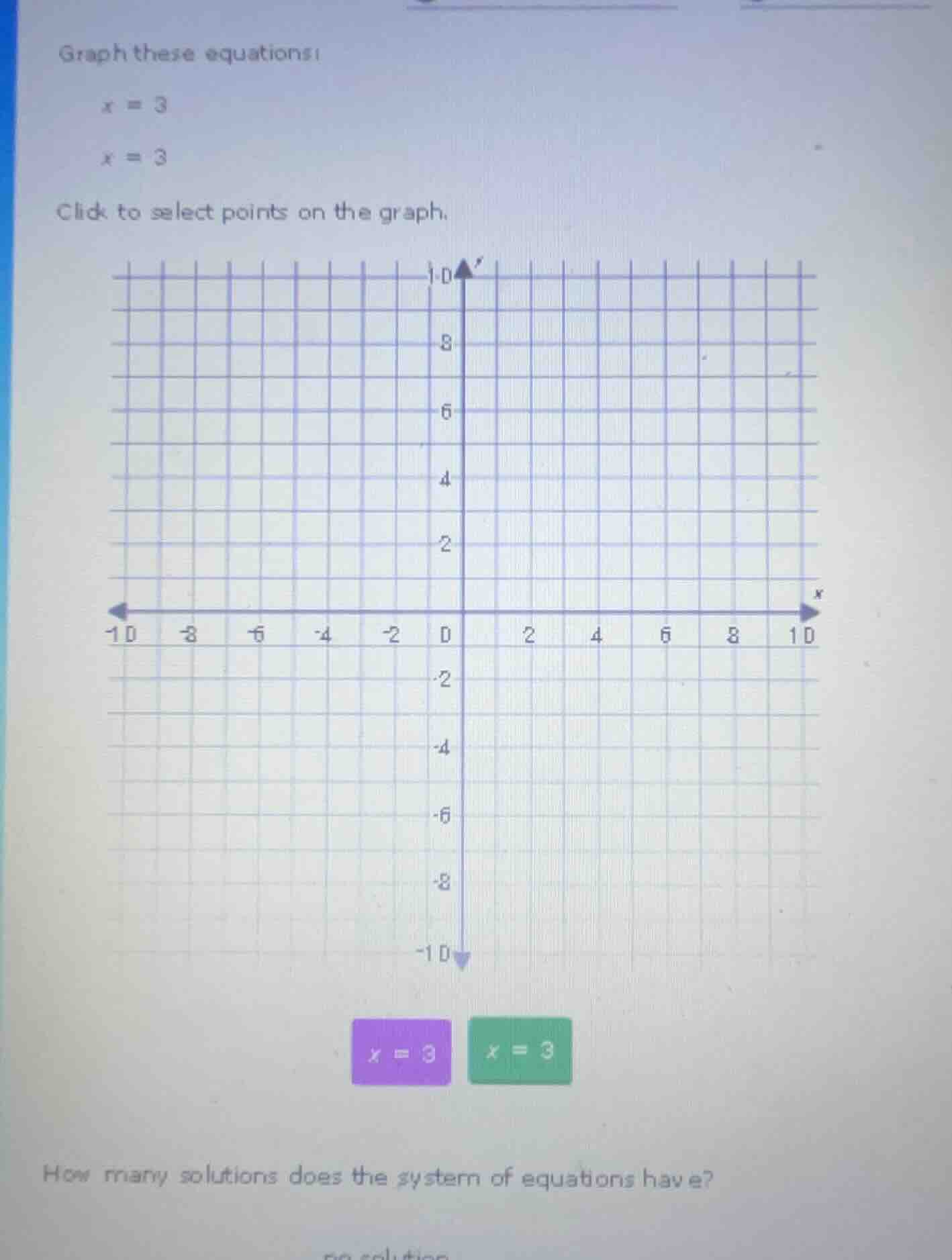 graph these equations: x = 3 x = 3 click to select points on the graph.…