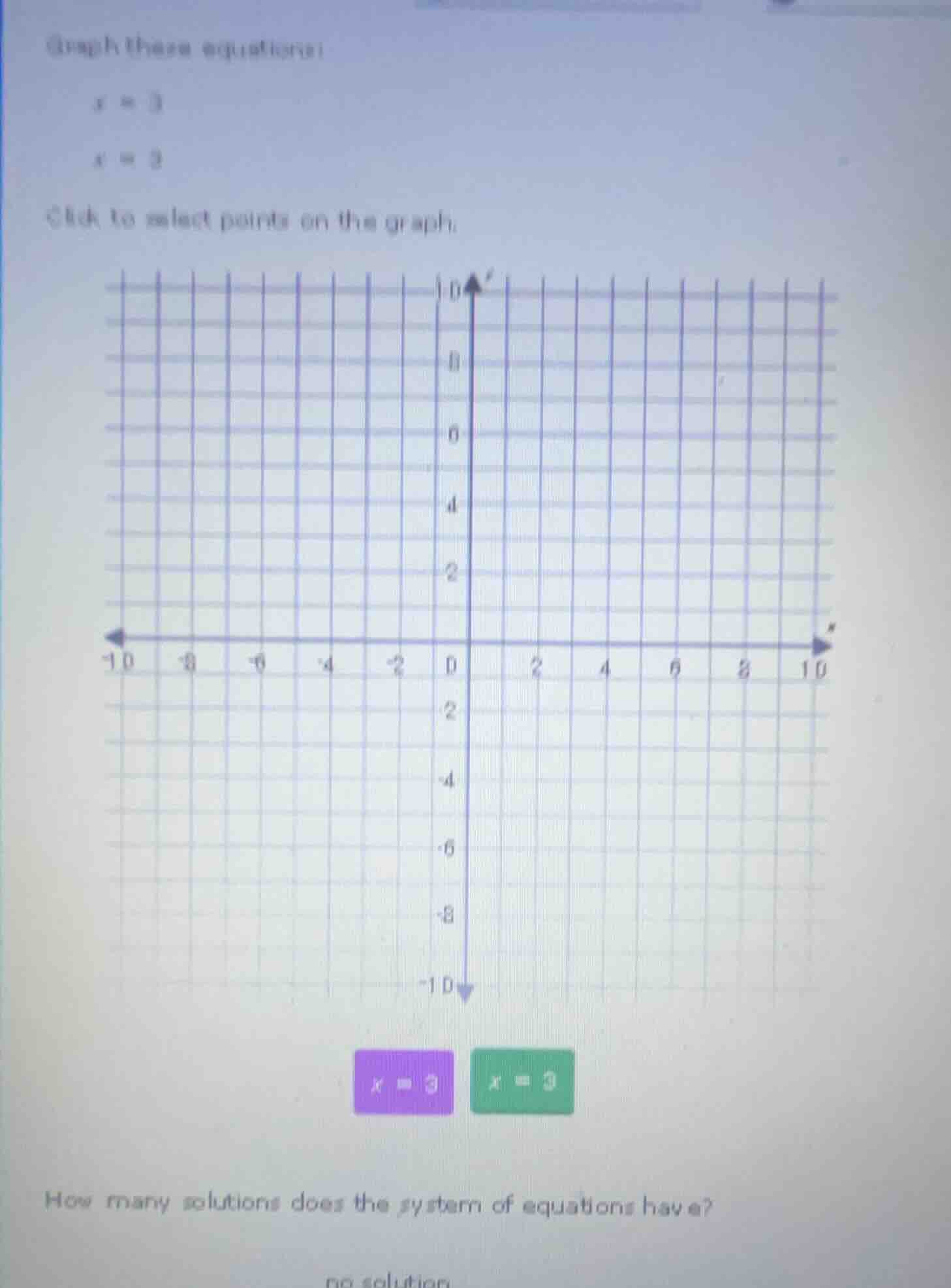 graph these equations: $x = 3$ $x = 3$ click to select points on the gr…