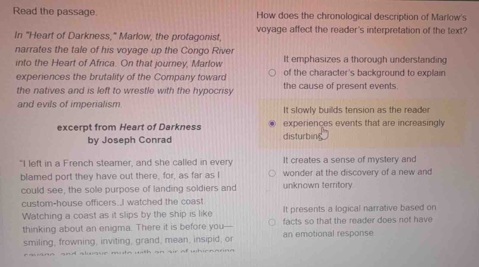 read the passage. in \heart of darkness,\ marlow, the protagonist, narr…