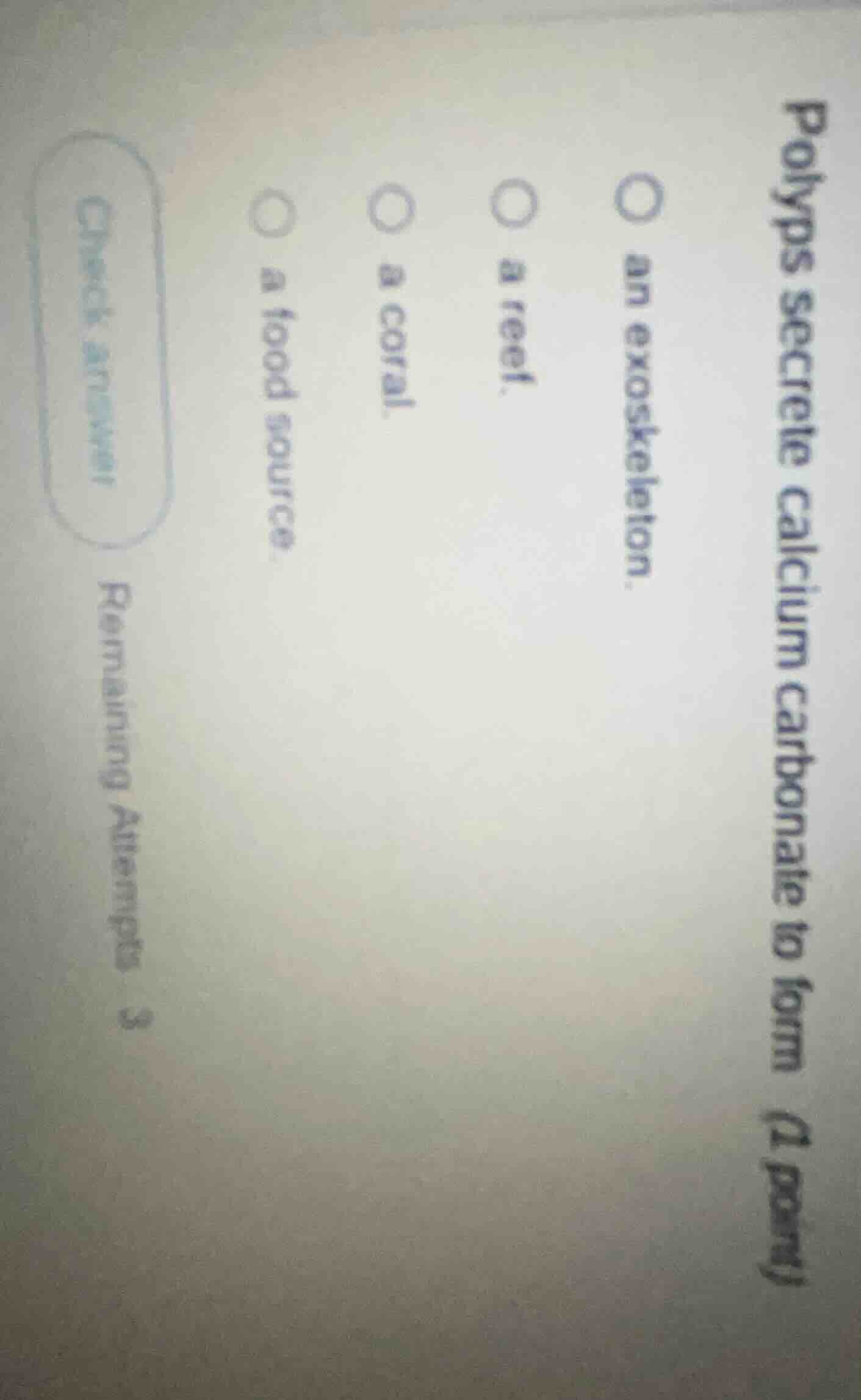 polyps secrete calcium carbonate to form (1 point) an exoskeleton. a re…