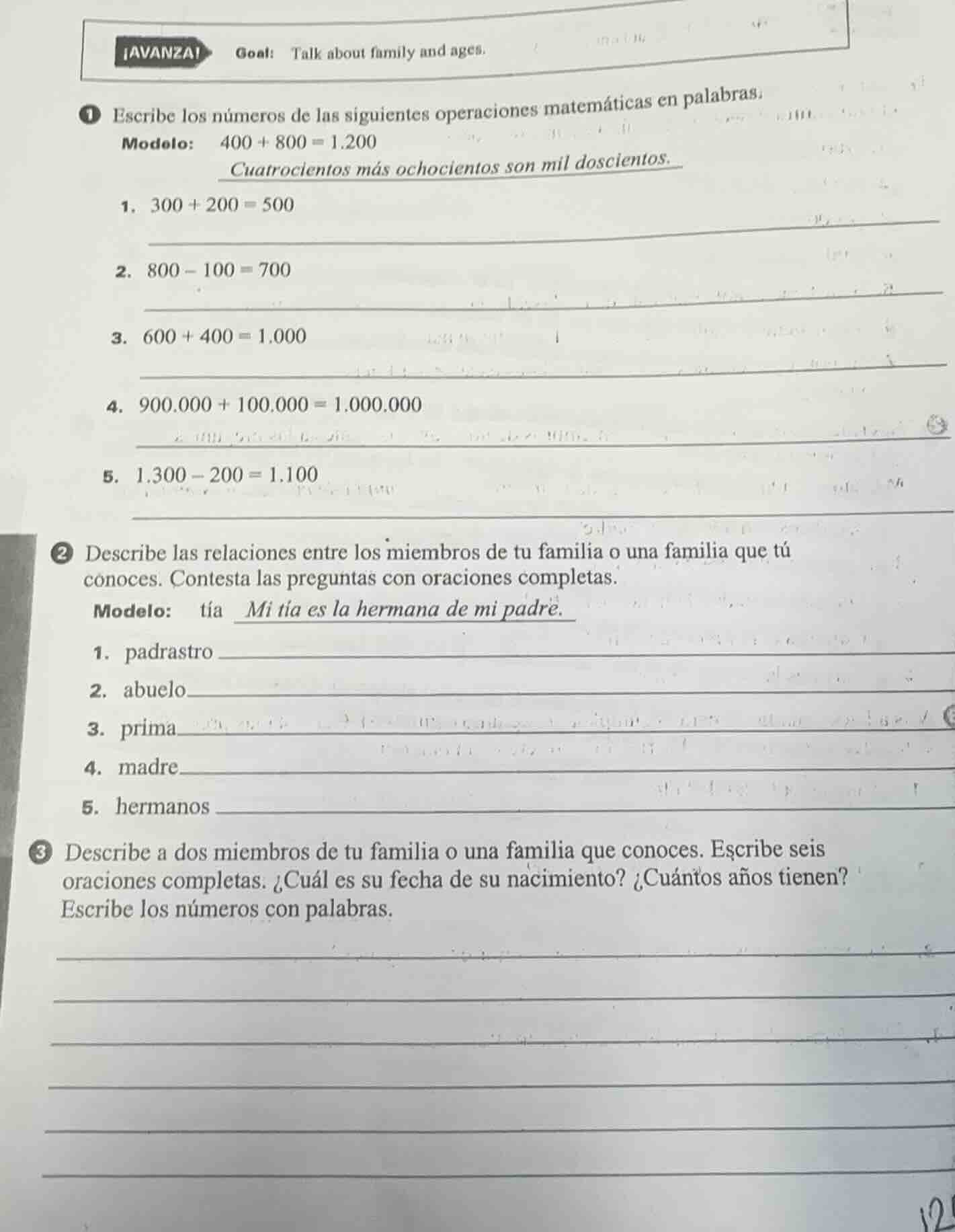 ¡avanza! goal: talk about family and ages. 1 escribe los números de las…