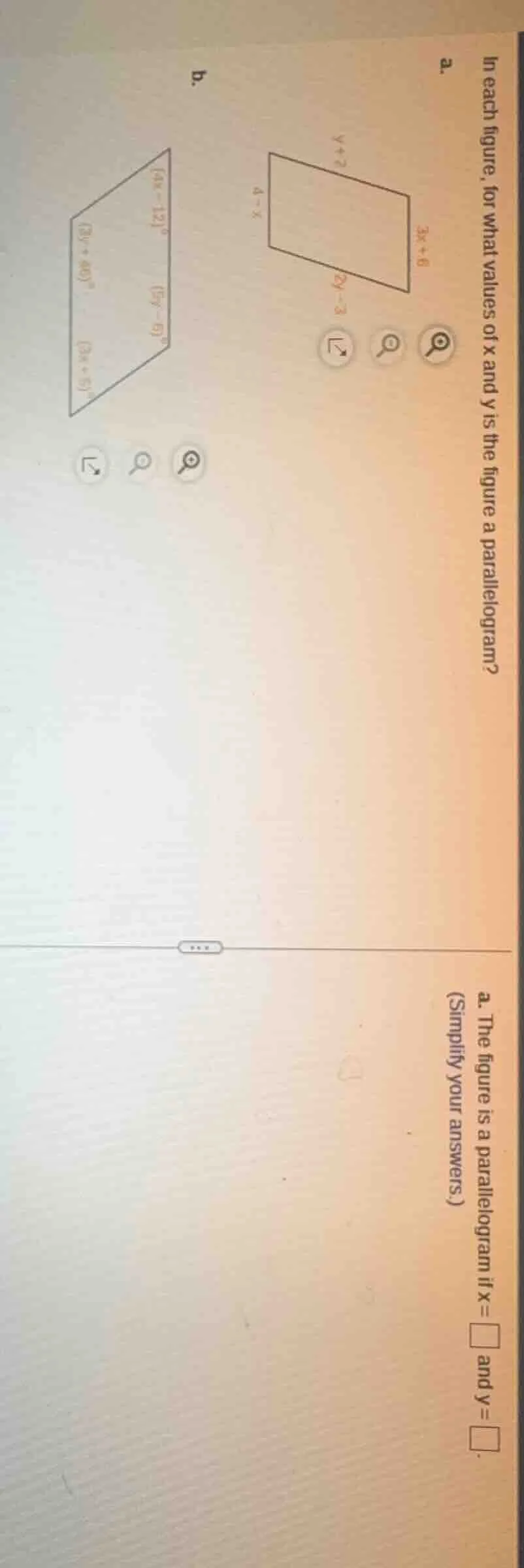 in each figure, for what values of x and y is the figure a parallelogra…