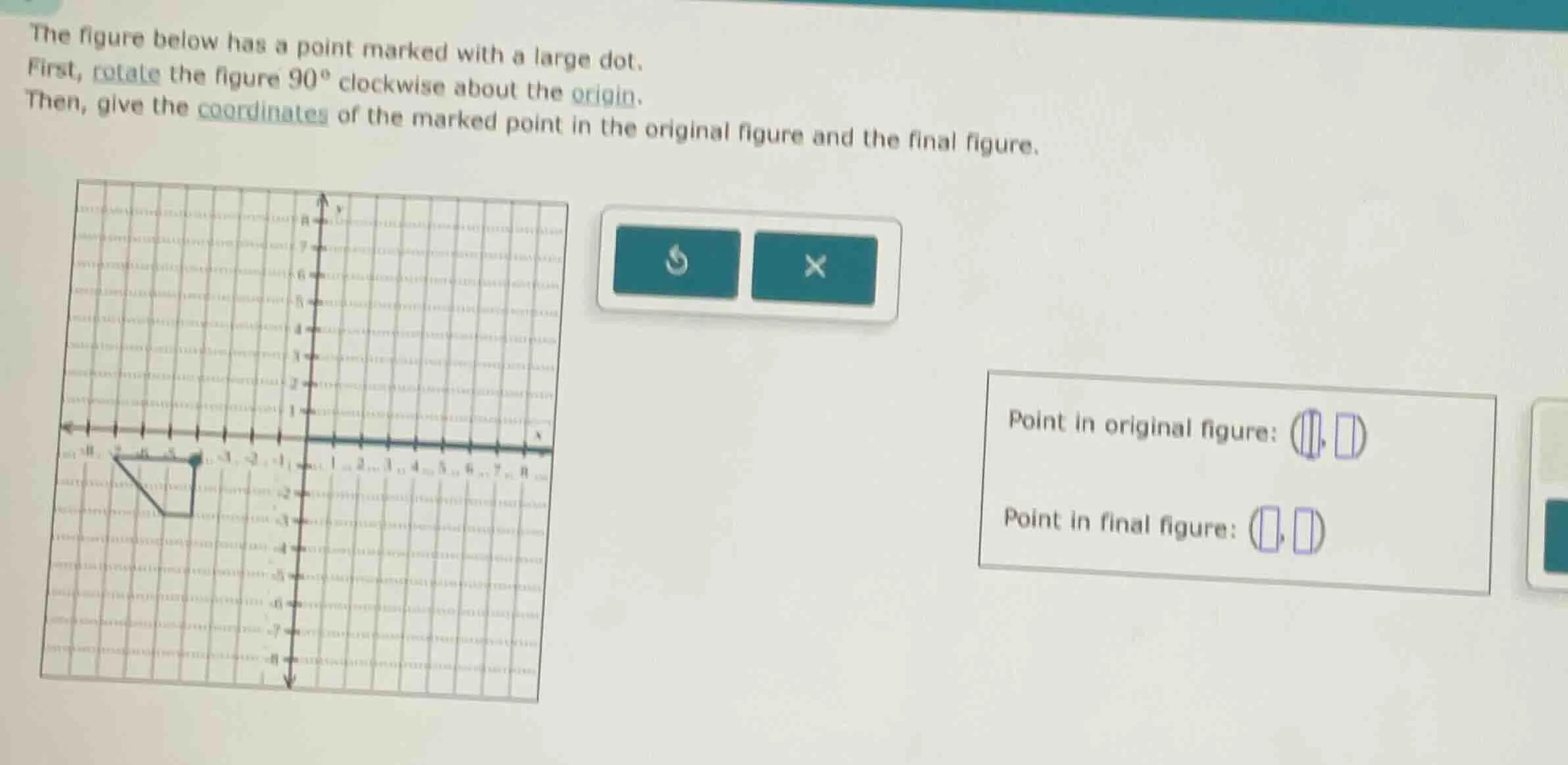 the figure below has a point marked with a large dot. first, rotate the…