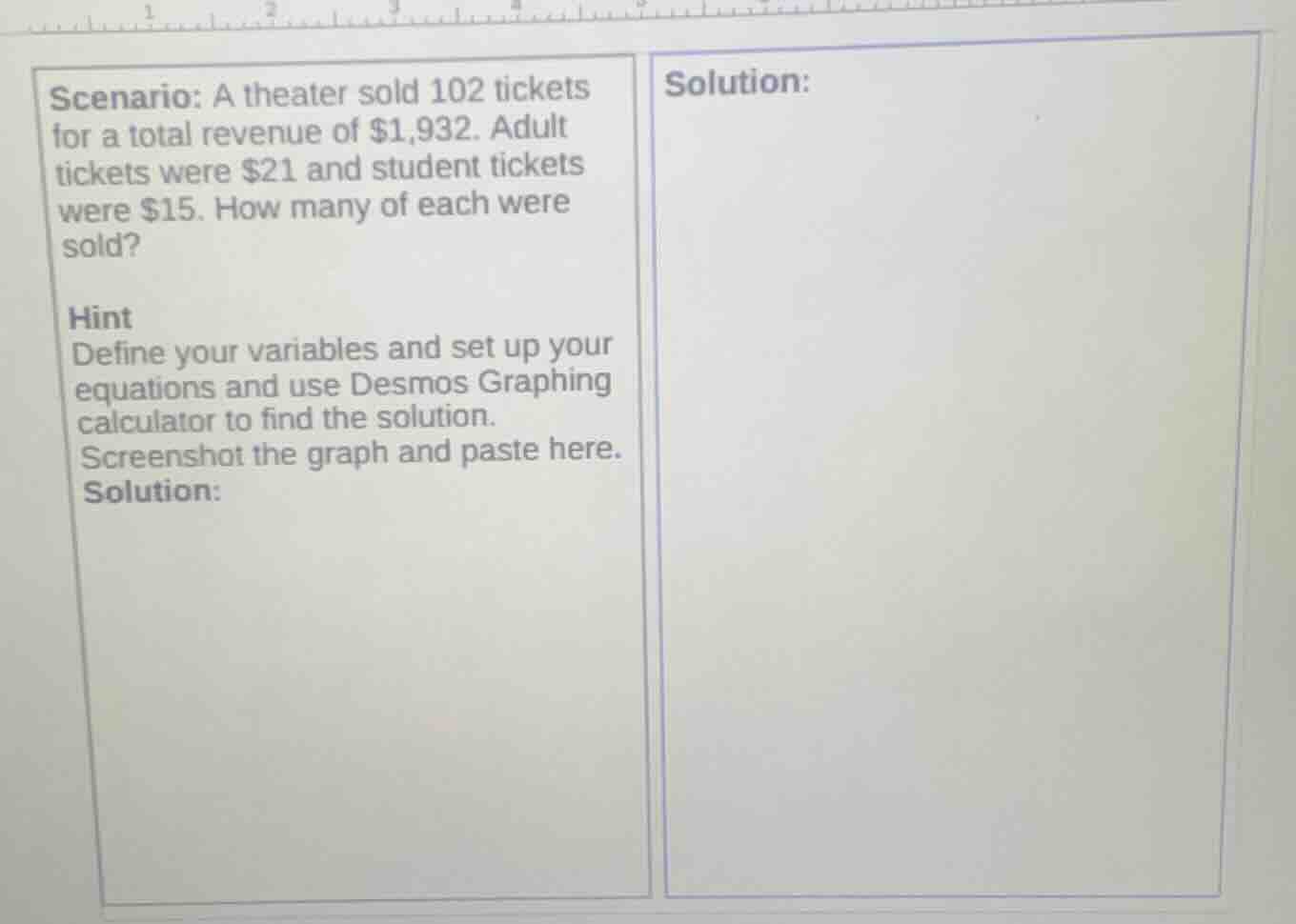 scenario: a theater sold 102 tickets for a total revenue of $1,932. adu…