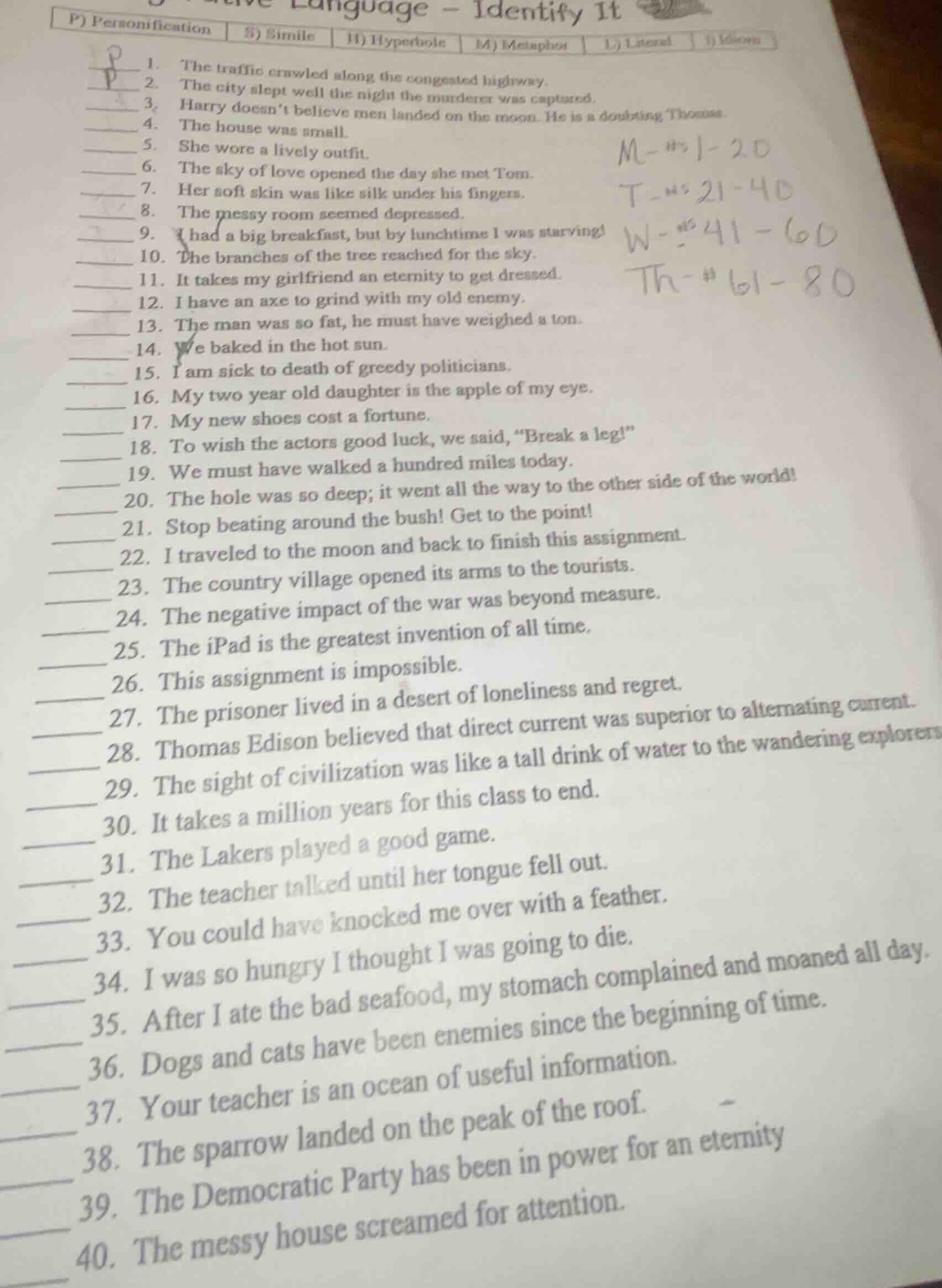 language - identify it p) personification | s) simile | h) hyperbole | …