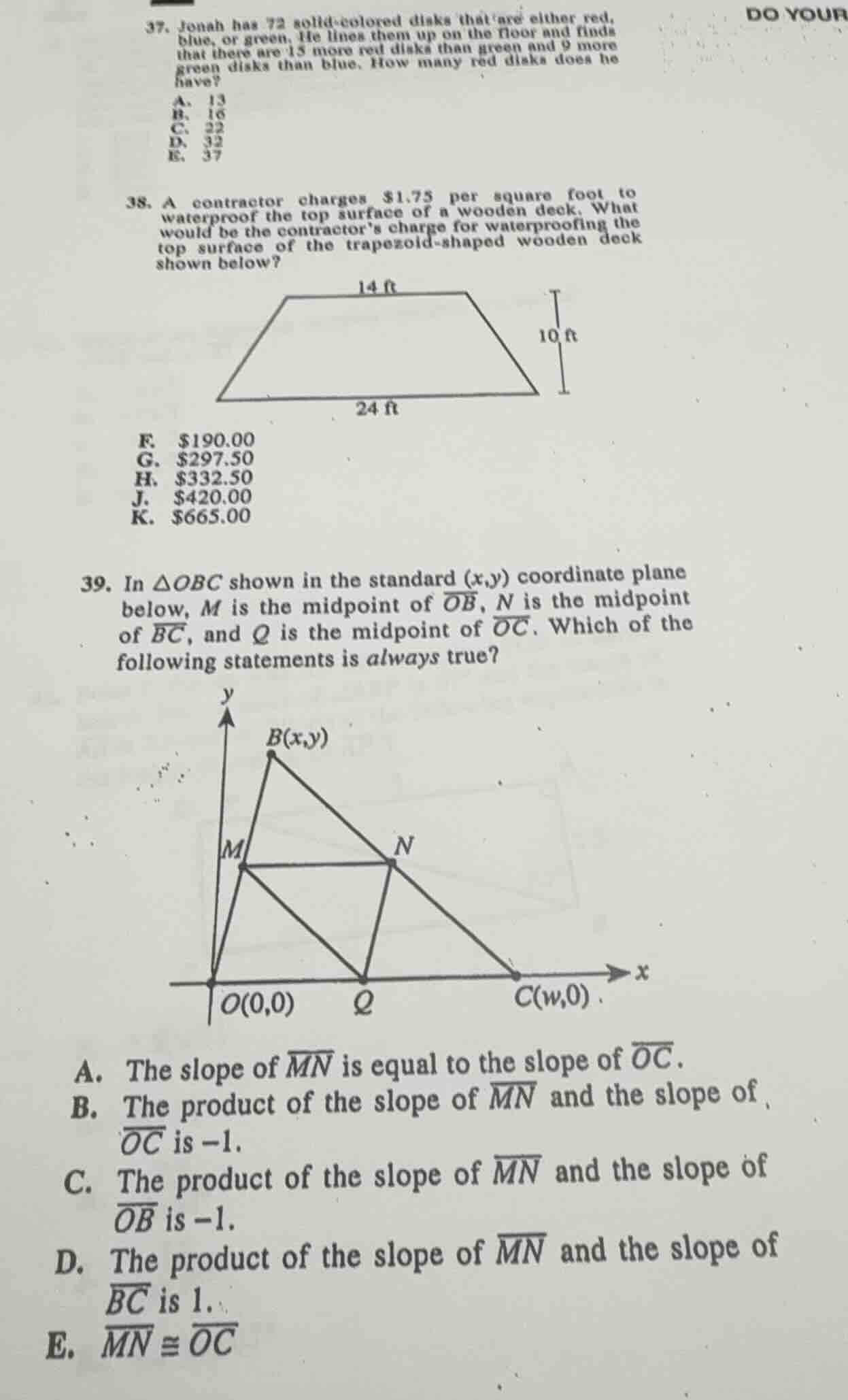 37. jonah has 72 solid - colored disks that are either red, blue, or gr…