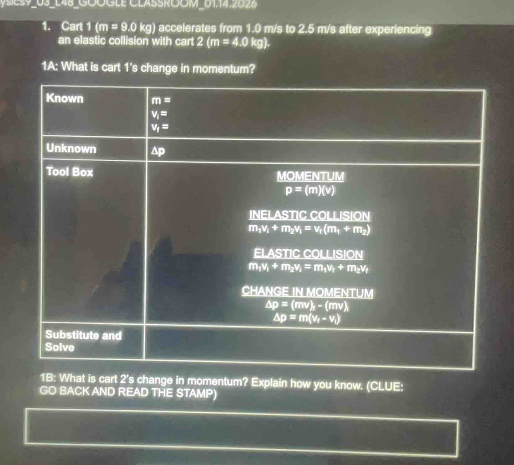 1. cart 1 (m = 9.0 kg) accelerates from 1.0 m/s to 2.5 m/s after experi…