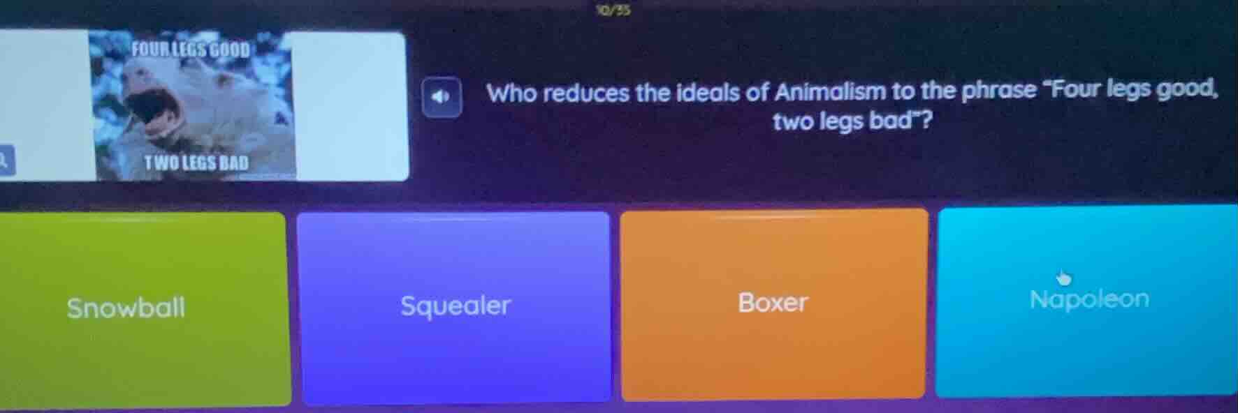 who reduces the ideals of animalism to the phrase \four legs good, two …