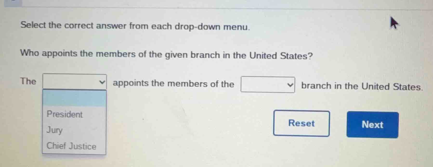 select the correct answer from each drop-down menu. who appoints the me…