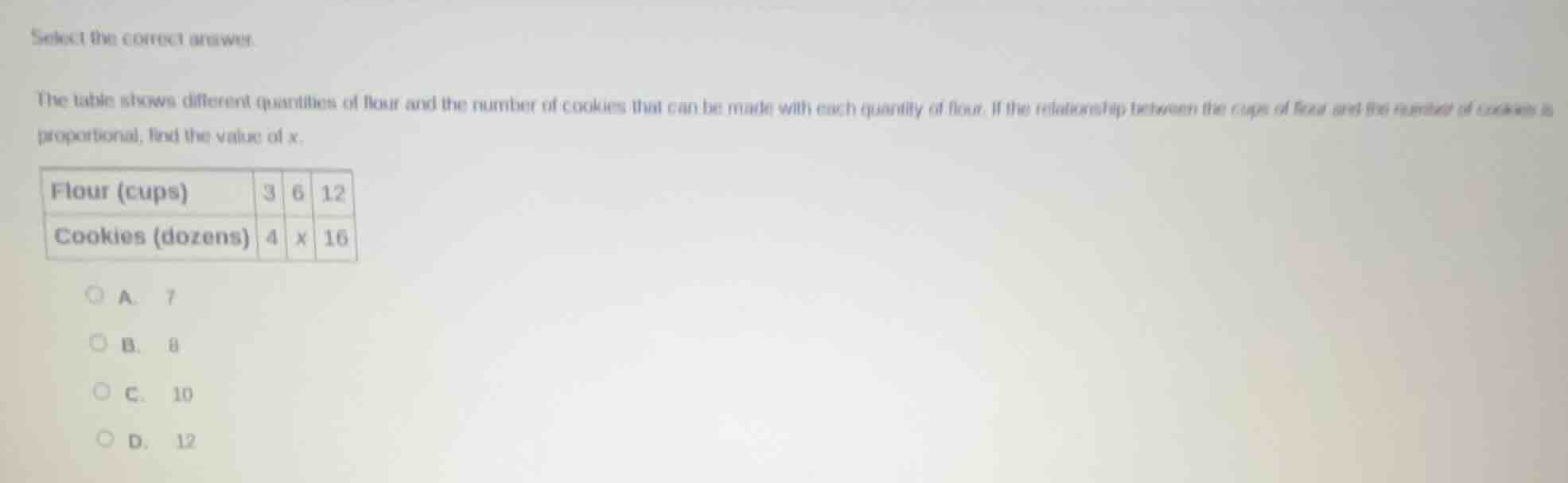 select the correct answer. the table shows different quantities of flou…