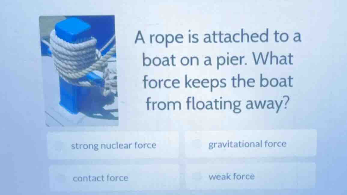 a rope is attached to a boat on a pier. what force keeps the boat from …
