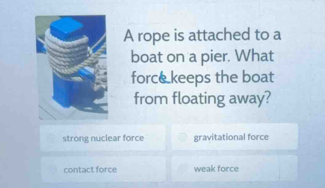 a rope is attached to a boat on a pier. what force keeps the boat from …