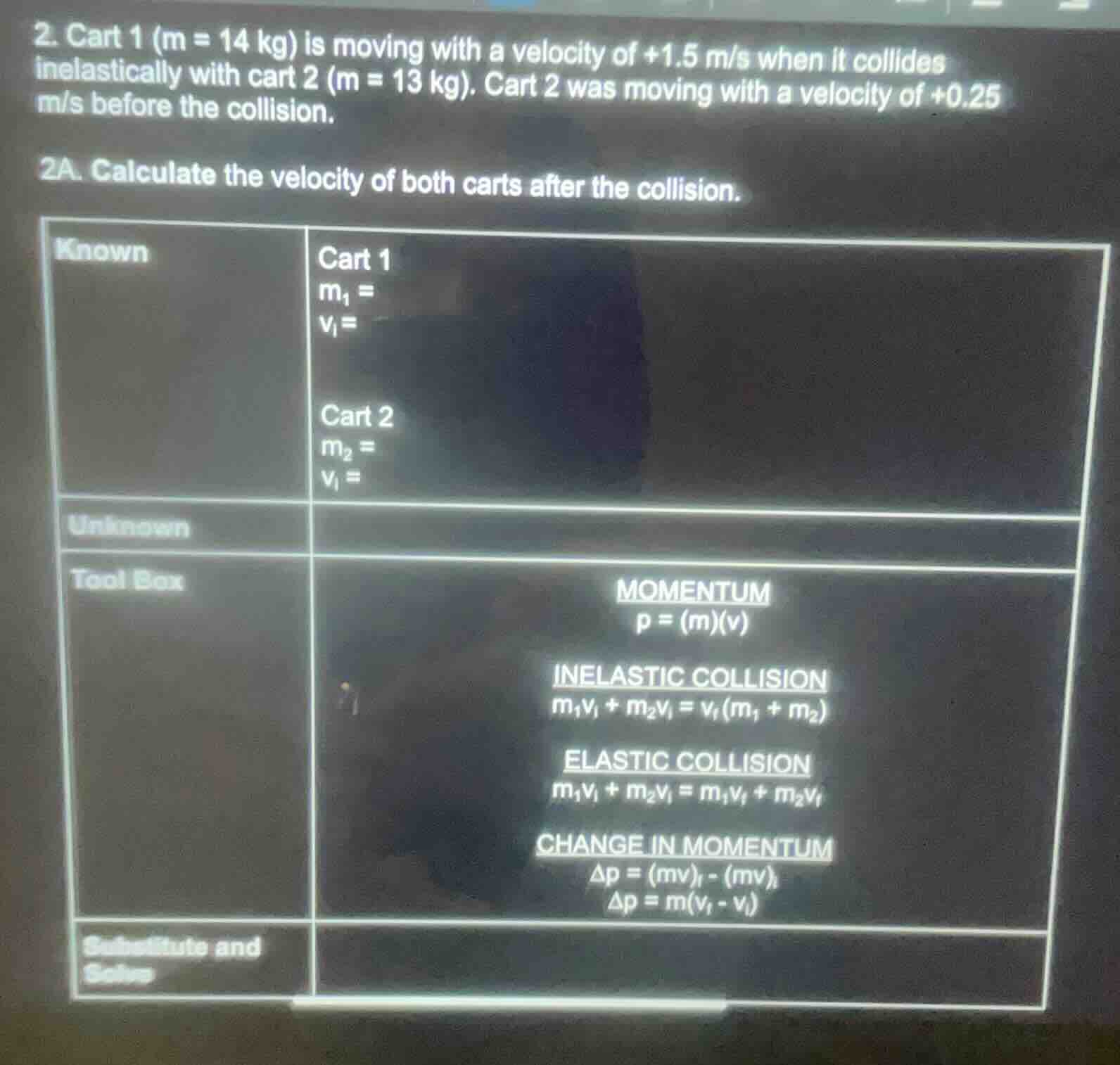 2. cart 1 (m = 14 kg) is moving with a velocity of +1.5 m/s when it col…