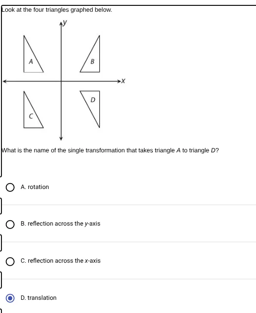 look at the four triangles graphed below. graph of four triangles a, b,…