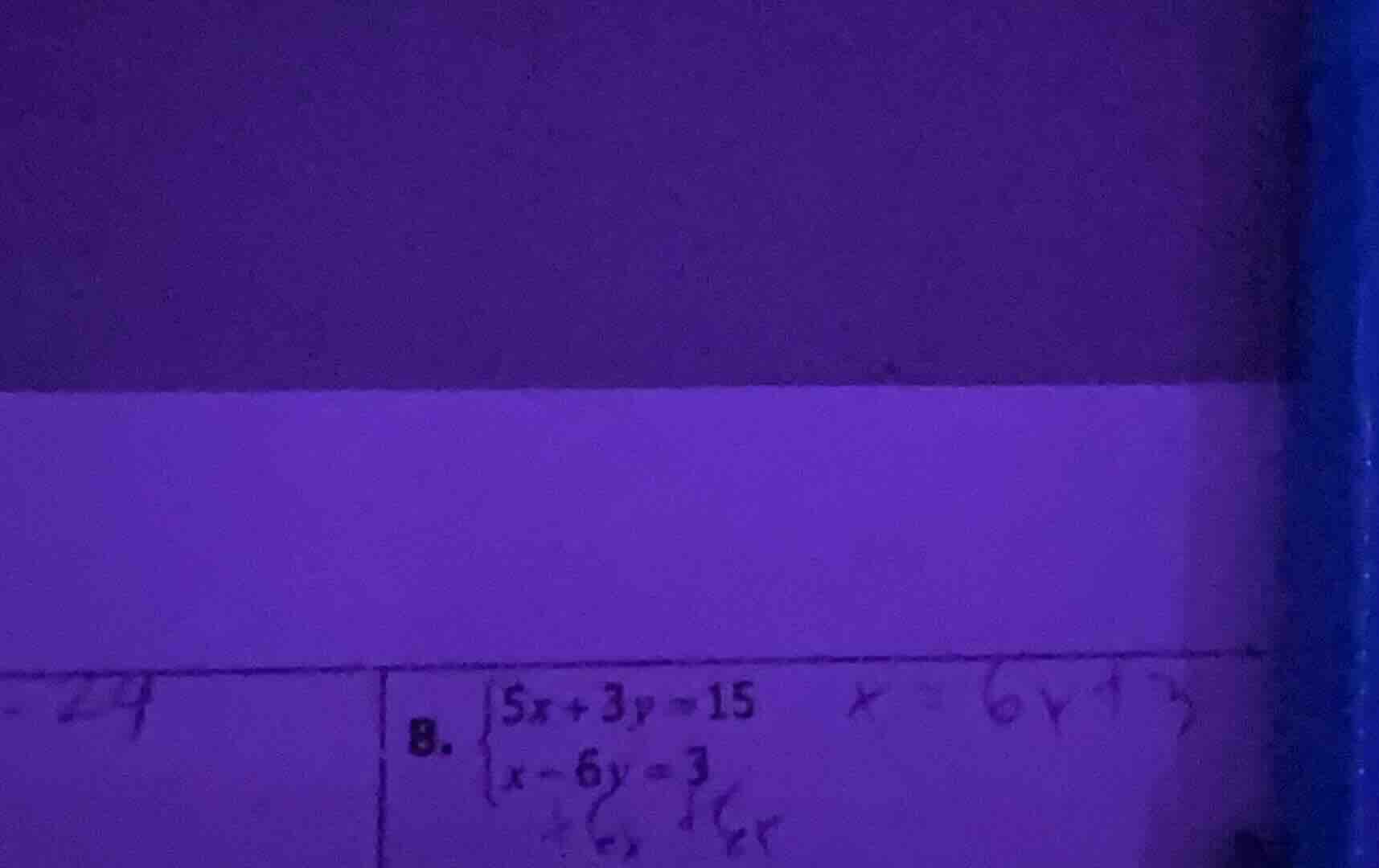 8. \\begin{cases} 5x + 3y = 15 \\\\ x - 6y = 3 \\end{cases}