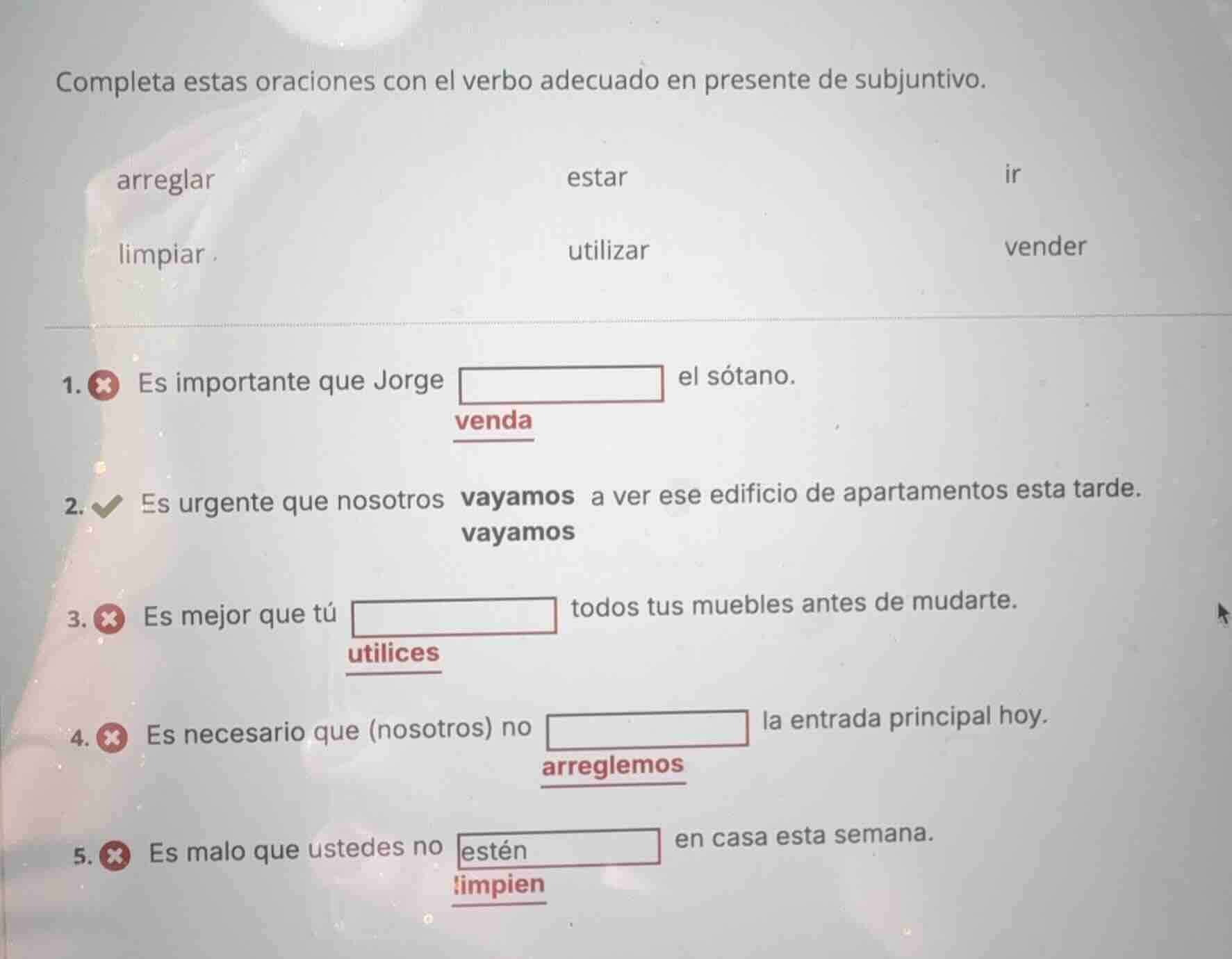 completa estas oraciones con el verbo adecuado en presente de subjuntiv…
