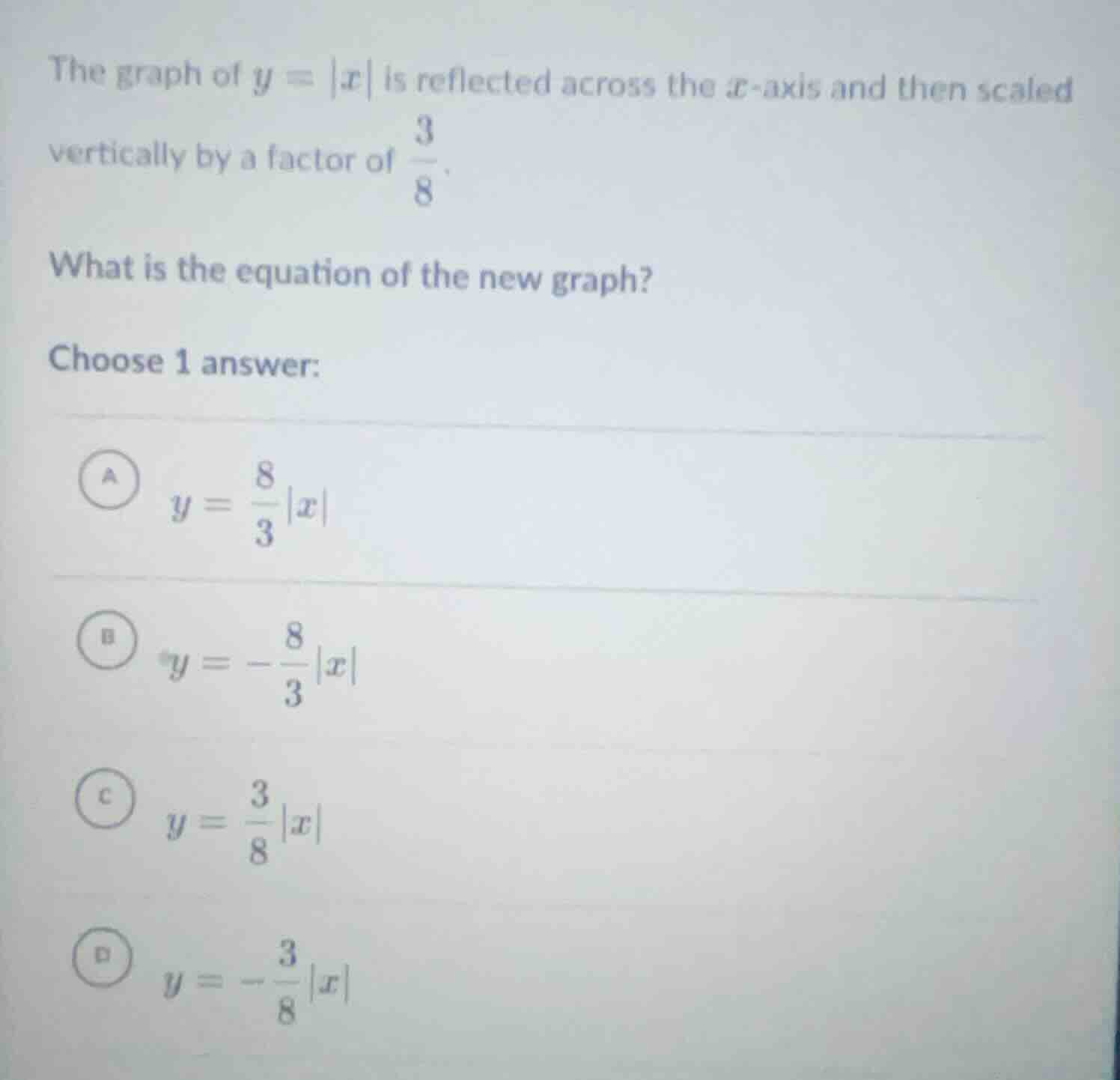 the graph of $y = |x|$ is reflected across the $x$-axis and then scaled…
