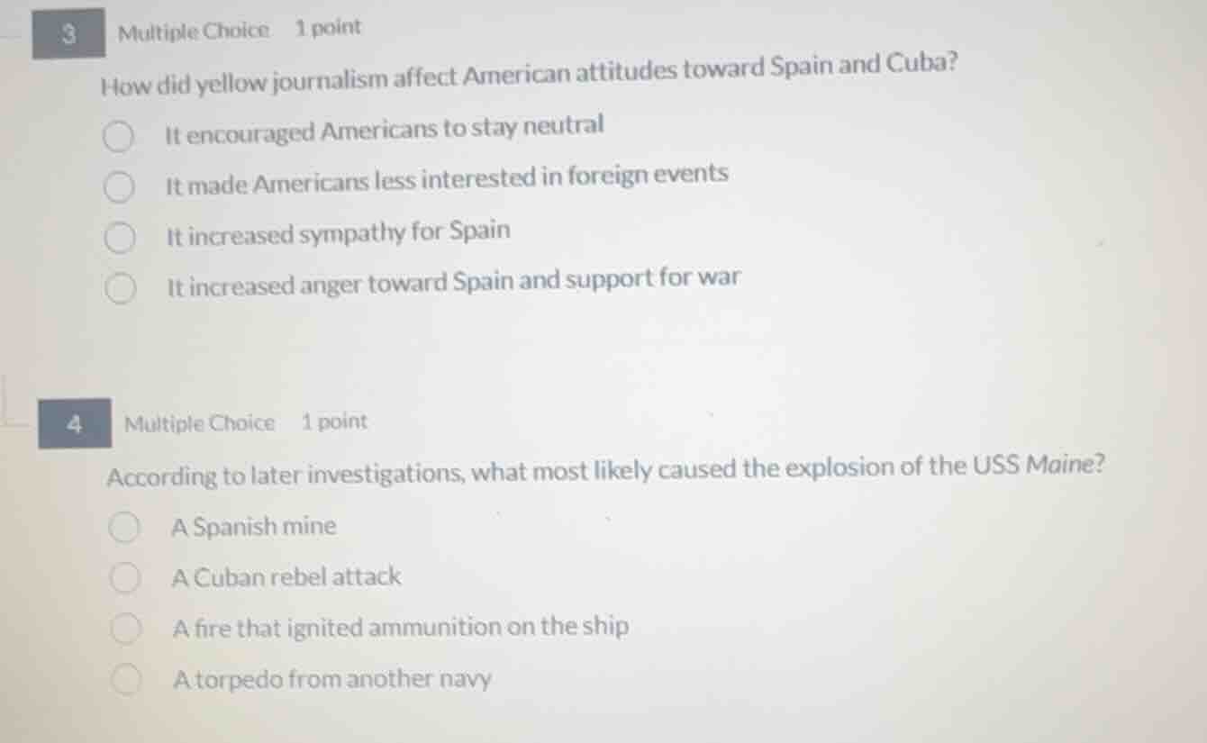 3 multiple choice 1 point how did yellow journalism affect american att…