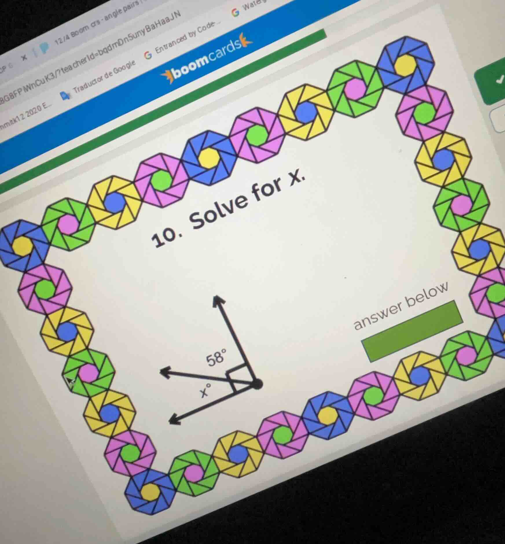 10. solve for x. 58° x° answer below