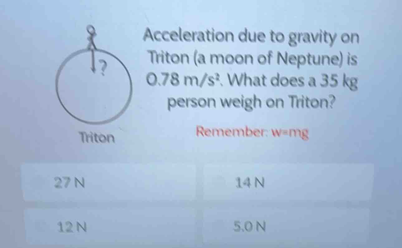 acceleration due to gravity on triton (a moon of neptune) is 0.78 m/s².…
