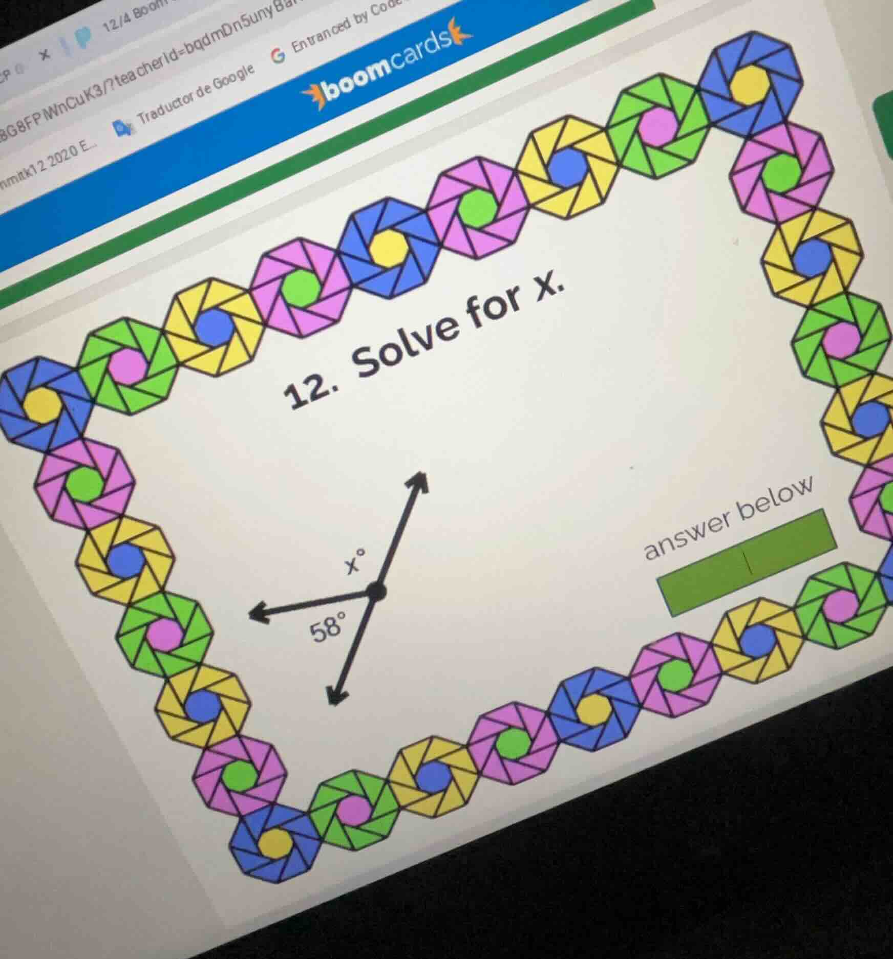 12. solve for x. x° 58° answer below