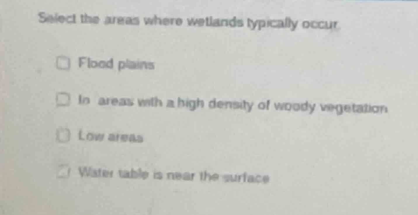 select the areas where wetlands typically occur. □ flood plains □ in ar…