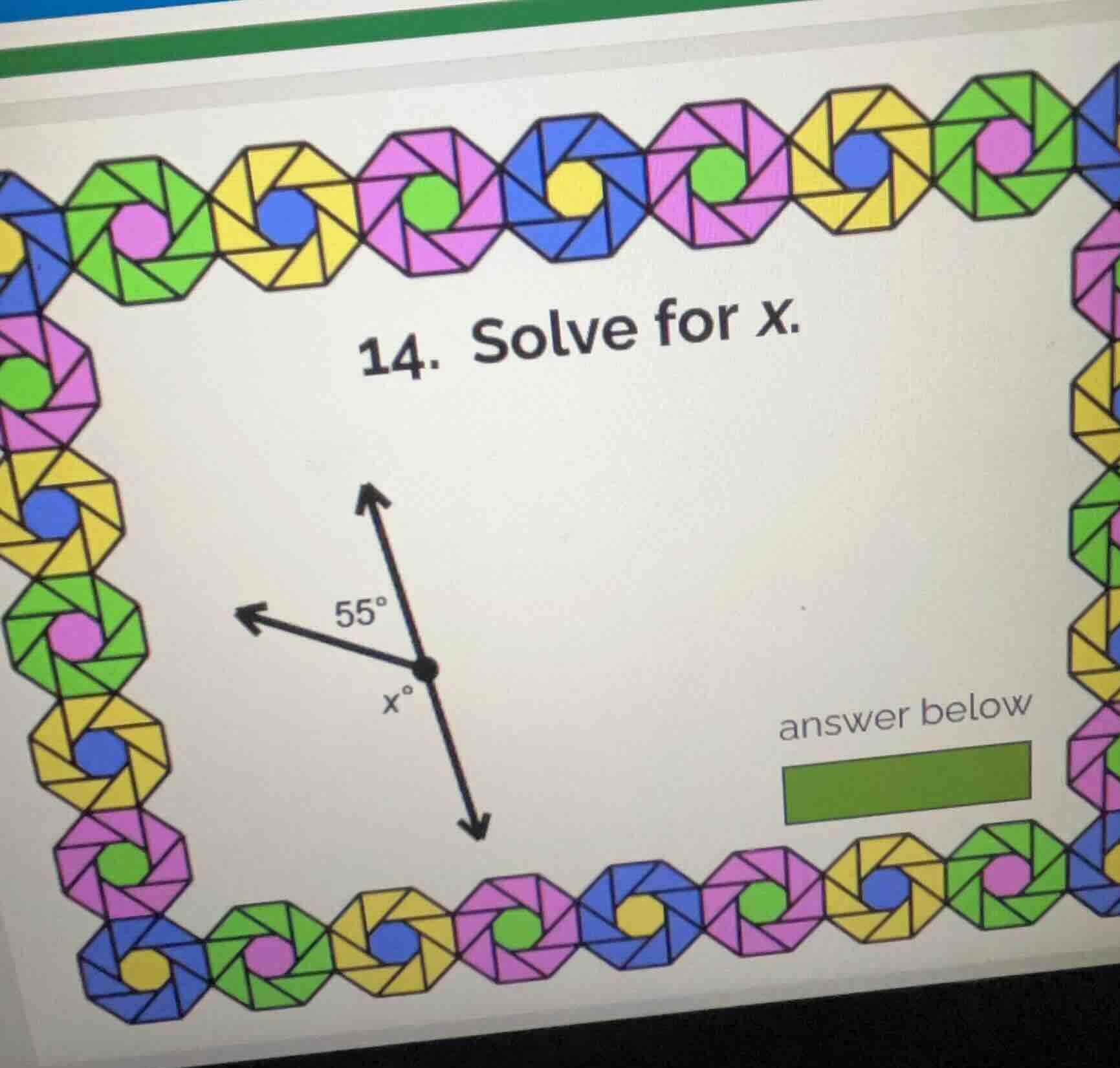 14. solve for x. 55° x° answer below