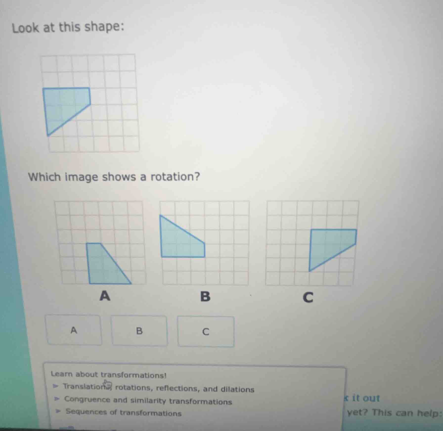 look at this shape: image of a blue polygon on a grid which image shows…