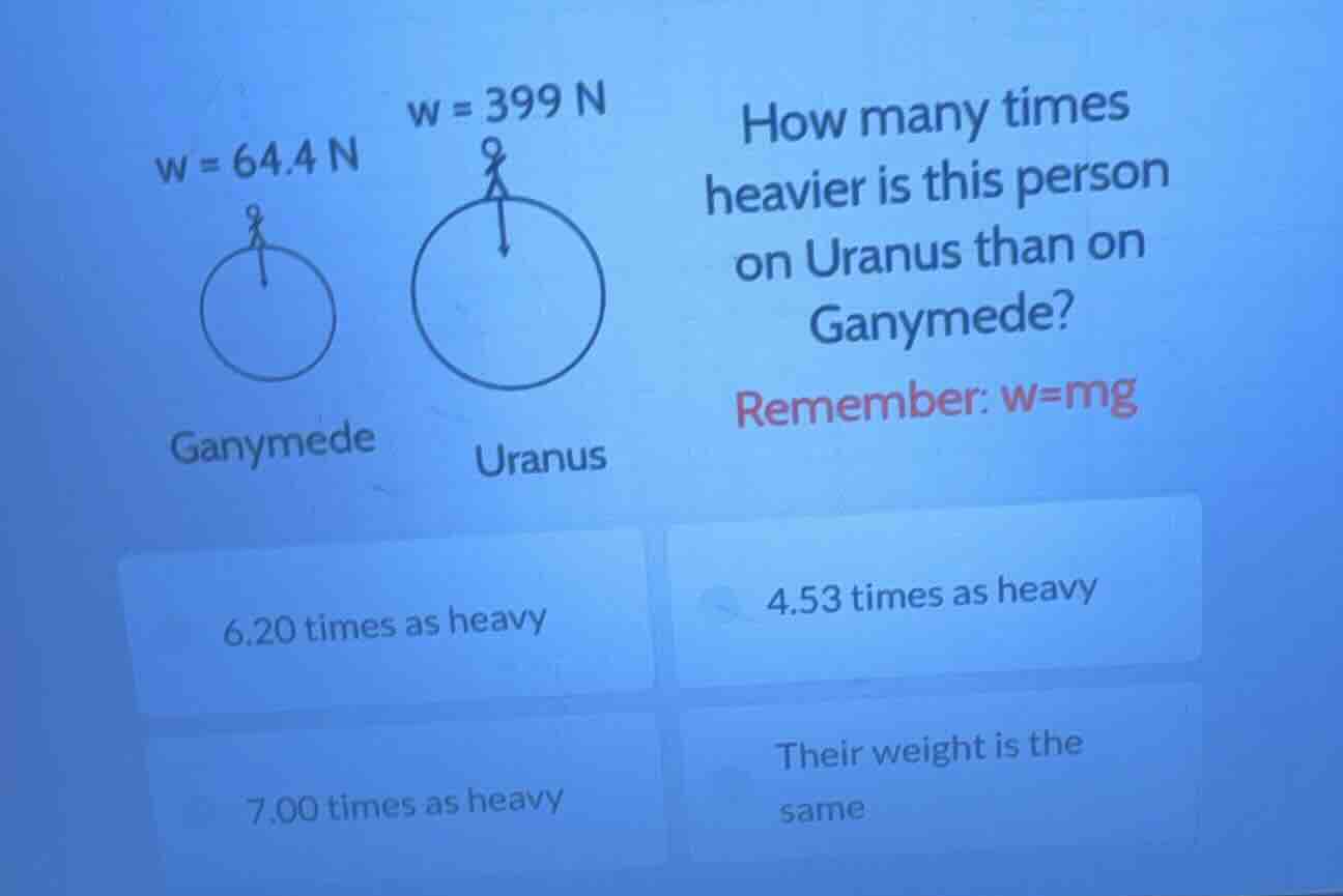 w = 64.4 n w = 399 n how many times heavier is this person on uranus th…