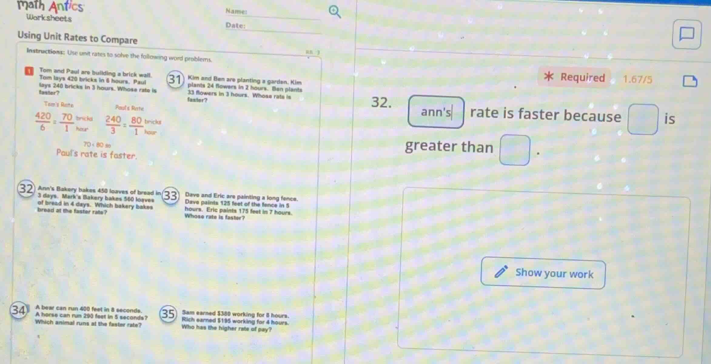 math antics worksheets using unit rates to compare instructions: use un…