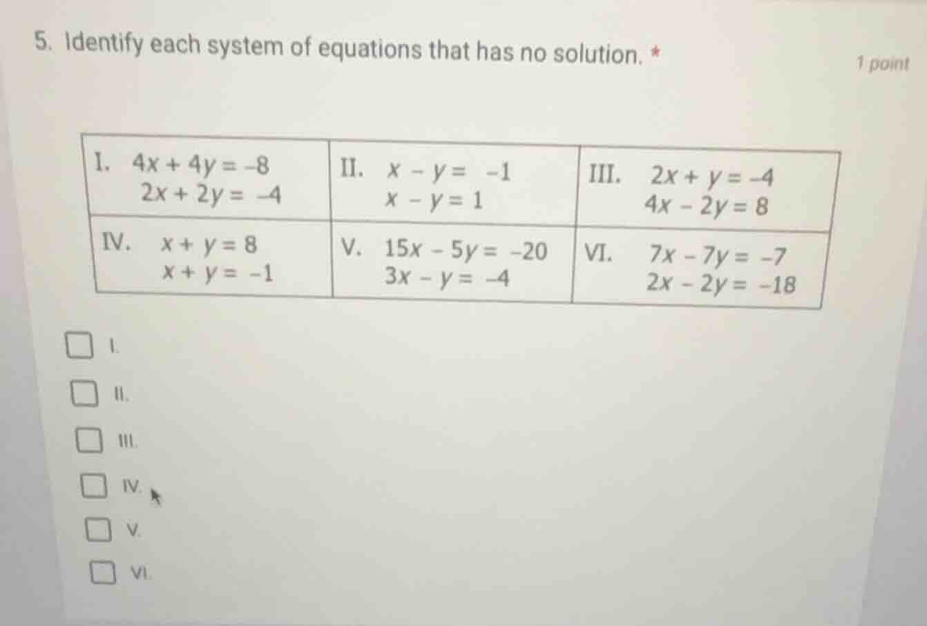 5. identify each system of equations that has no solution. * 1 point i.…